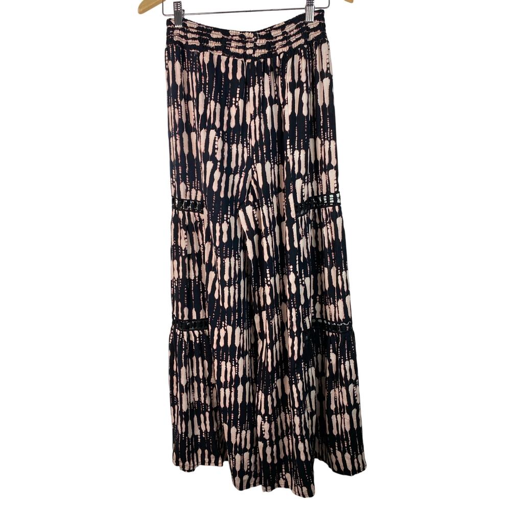Love Wish Women's L Black Cream Crochet Lace Wide Leg Boho Pants *‎